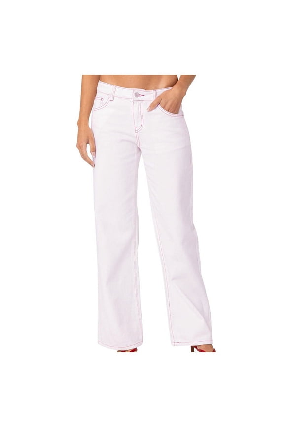 No Boundaries Y2K White Low Rise Jeans for Women Red Stitching Slight Flare Denim Trousers