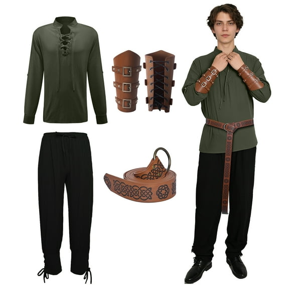 MYATED 5 Pcs Halloween Men's Renaissance Costume Set Medieval Pirate Shirt Ankle Banded Pants Viking Costume Accessories Set,Green,L
