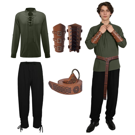 MYATED 5 Pcs Halloween Men's Renaissance Costume Set Medieval Pirate Shirt Ankle Banded Pants Viking Costume Accessories Set,Green,XXL