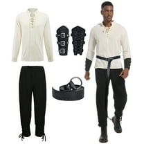 MYATED 5 Pcs Halloween Men's Renaissance Costume Set Medieval Pirate Shirt Ankle Banded Pants Viking Costume Accessories Set,White,S