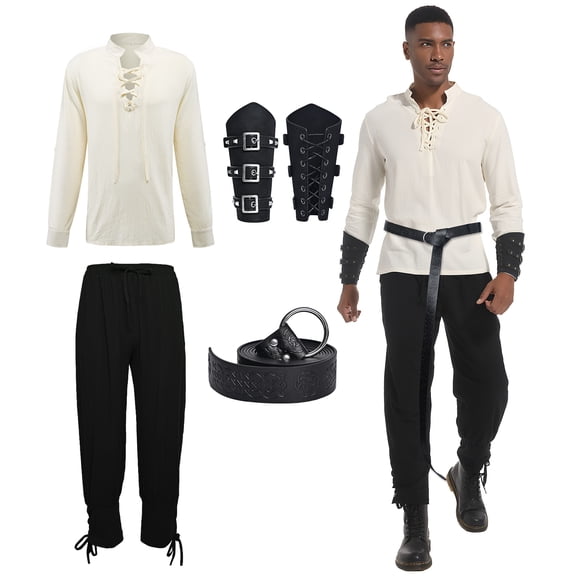 MYATED 5 Pcs Halloween Men's Renaissance Costume Set Medieval Pirate Shirt Ankle Banded Pants Viking Costume Accessories Set,White,XL