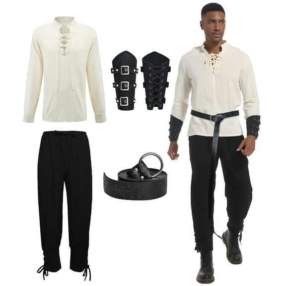 MYATED 5 Pcs Halloween Men's Renaissance Costume Set Medieval Pirate Shirt Ankle Banded Pants Viking Costume Accessories Set,White,XXL