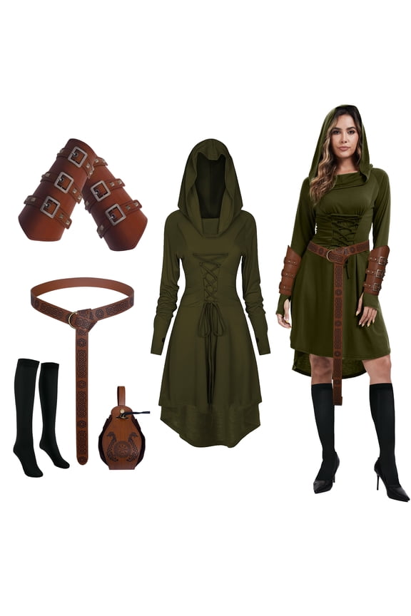 5 Pcs Womens Renaissance Costumes Medieval Vintage Hooded Dress, Gothic Costume Fairy Dress Suitable for Halloween Cosplay (Green,M)