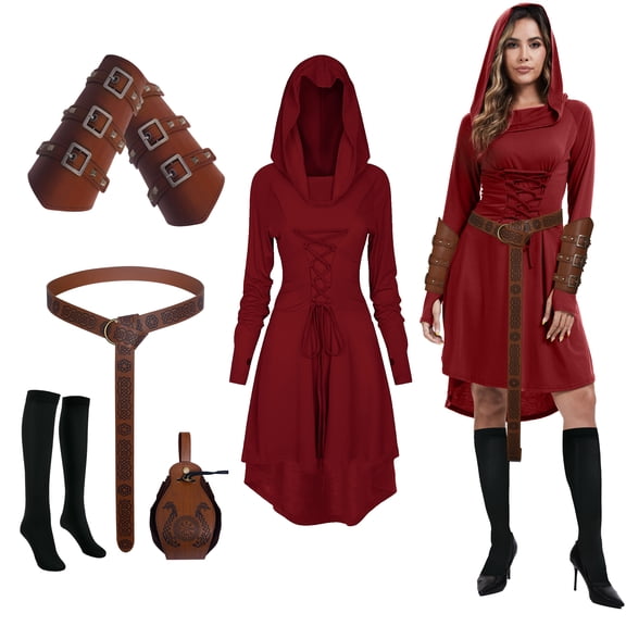 MYATED 5 Pcs Womens Renaissance Costumes Medieval Vintage Hooded Dress, Gothic Costume Fairy Dress Suitable for Halloween Cosplay (Red,XL)