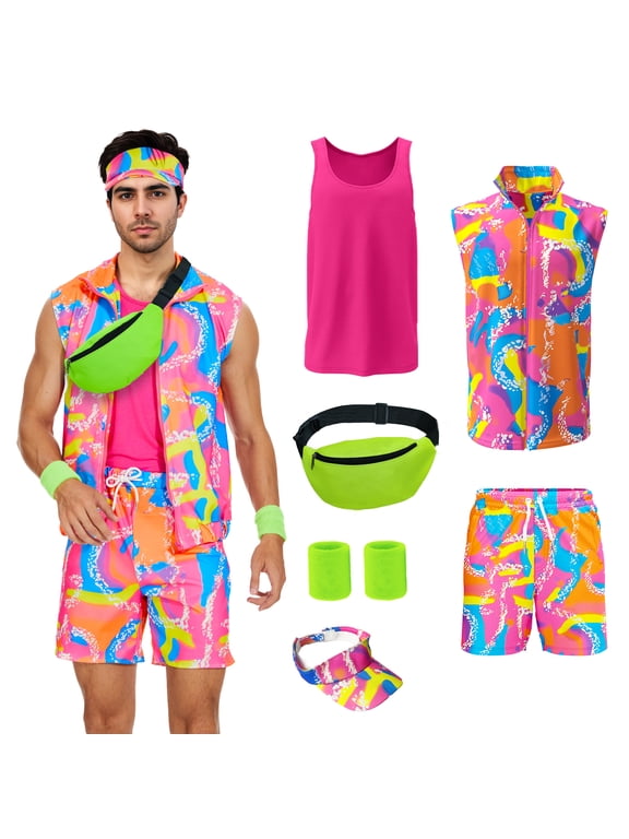6 Pieces 80s Men Workout Costume Halloween Cosplay Outfits 80s 90s Workout Outfit Party Clothing for Adult Mens,L