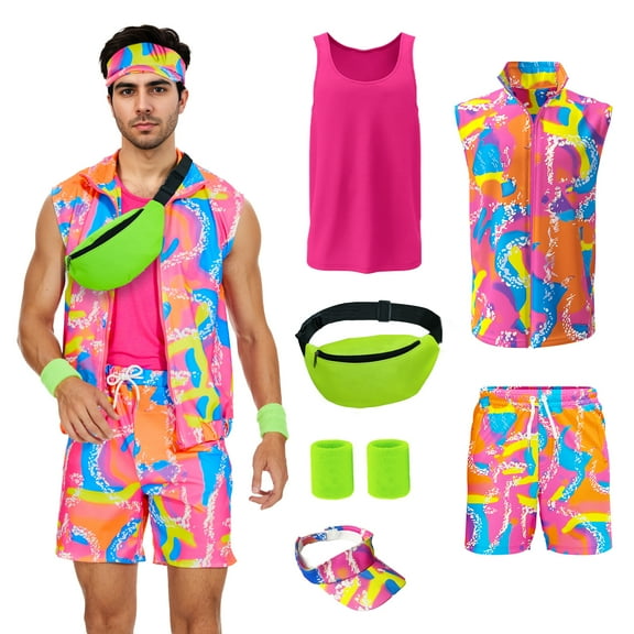 MYATED 6 Pieces 80s Men Workout Costume Halloween Cosplay Outfits 80s 90s Workout Outfit Party Clothing for Adult Mens,M