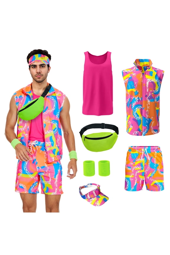 6 Pieces 80s Men Workout Costume Halloween Cosplay Outfits 80s 90s Workout Outfit Party Clothing for Adult Mens,S