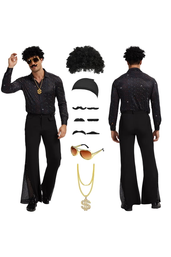 70s Disco Costume for Men 6 Pcs Dance Bell Bottom Pants Retro Shirts Wigs Sunglasses Necklace Shirts for Disco Party (Black,L)