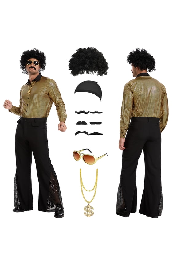 70s Disco Costume for Men 6 Pcs Dance Bell Bottom Pants Retro Shirts Wigs Sunglasses Necklace Shirts for Disco Party (Golden,M)