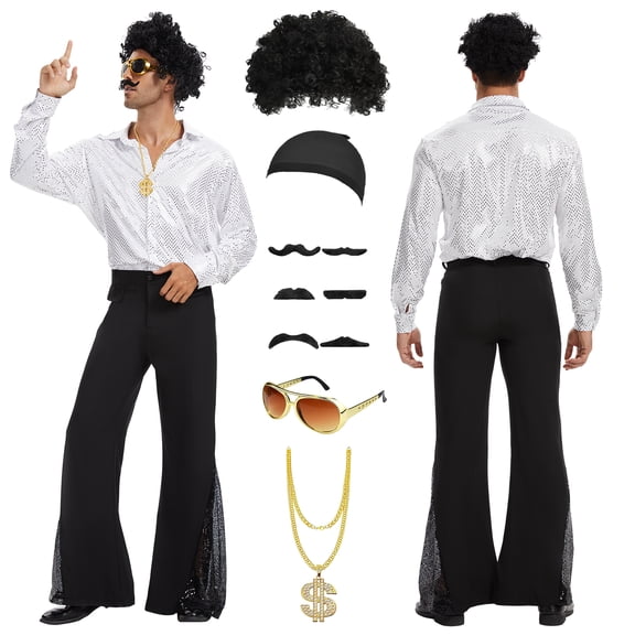 MYATED 70s Disco Costume for Men 6 Pcs Dance Bell Bottom Pants Retro Shirts Wigs Sunglasses Necklace Shirts for Disco Party (Silver,L)