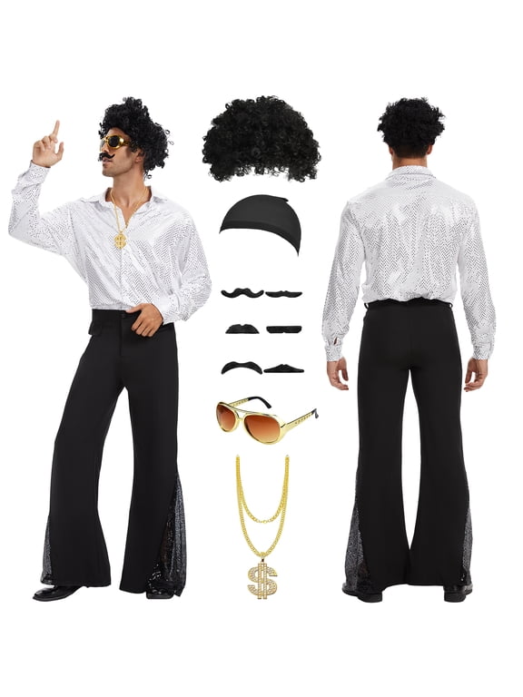 70s Disco Costume for Men 6 Pcs Dance Bell Bottom Pants Retro Shirts Wigs Sunglasses Necklace Shirts for Disco Party (Silver,L)