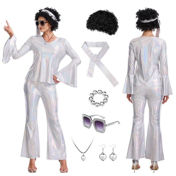 MYATED 70s Disco Outfit Costume for Women,Retro 9 PCS Disco Costume with Sequin Top & Bell Bottoms,Wig, Earrings, glasses,Necklace,Headband (Silver,M)