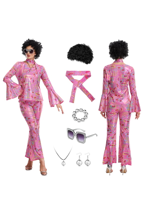 70s Disco Outfit Costume for Women,Retro 9 PCS Disco Costume with Sequin Top & Bell Bottoms,Wig, Earrings, glasses,Necklace,Headband (Pink,M)