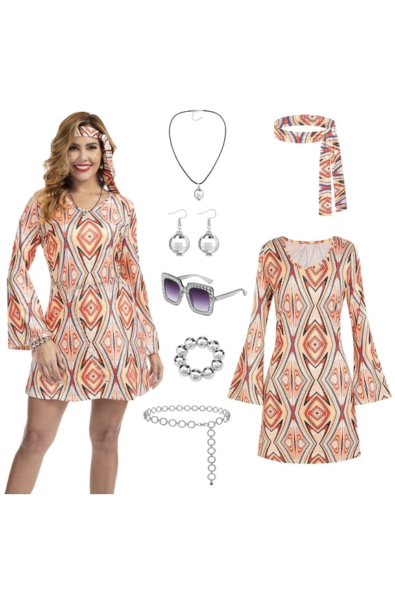 70s Disco Outfit Hippie Costume Women,7 PCS 60s Disco Dress Costume Disco Accessories Jewelry Halloween (Gold,S)