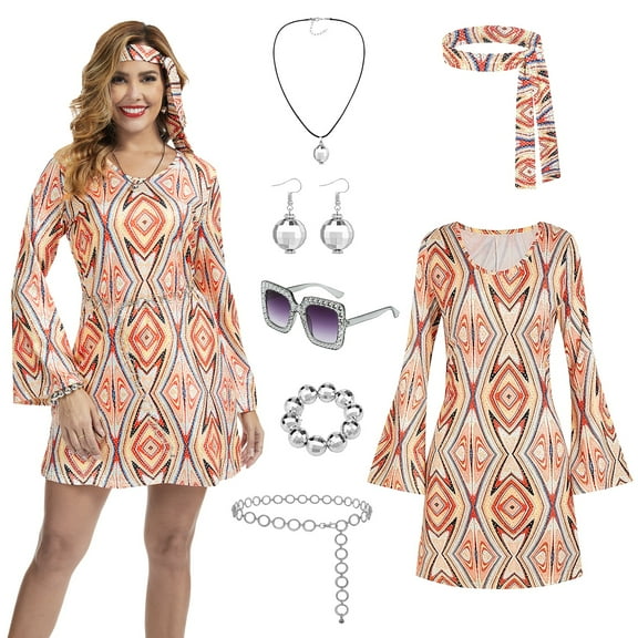 MYATED 70s Disco Outfit Hippie Costume Women,7 PCS 60s Disco Dress Costume Disco Accessories Jewelry Halloween (Gold,XXL)
