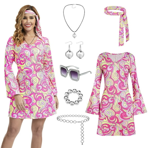 MYATED 70s Disco Outfit Hippie Costume Women,7 PCS 60s Disco Dress Costume Disco Accessories Jewelry Halloween (Pink,S)