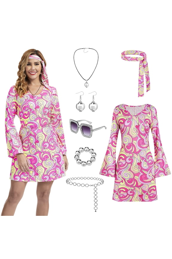 70s Disco Outfit Hippie Costume Women,7 PCS 60s Disco Dress Costume Disco Accessories Jewelry Halloween (Pink,S)