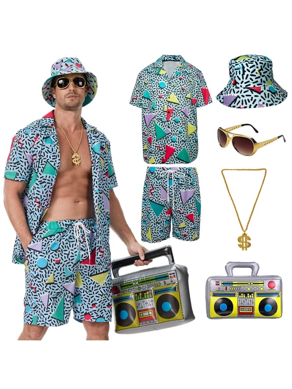 80s 90s Outfit for Men Tracksuit Costume,,6 Pieces Hip-Hop Costume Vintage Beach Outfit for Halloween Disco Retro Theme Party (Green,L)