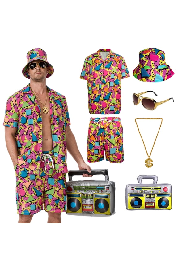 80s 90s Outfit for Men Tracksuit Costume,,6 Pieces Hip-Hop Costume Vintage Beach Outfit for Halloween Disco Retro Theme Party (Red,XL)