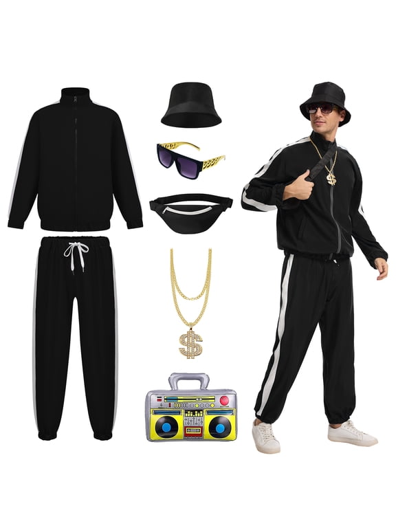 80s 90s Outfit for Men Tracksuit Costume,Hip Hop Outfit Vintage Beach Tracksuit with Accessories for Themed Disco Party Costumes (Black,L)