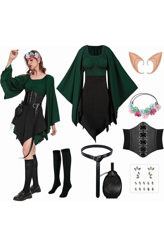 8PCS Women Elf Costume Renaissance Traditional Irish Dress,Medieval Dress,Fairy Costume Suitable for Halloween Cosplay (Green and Black,M)