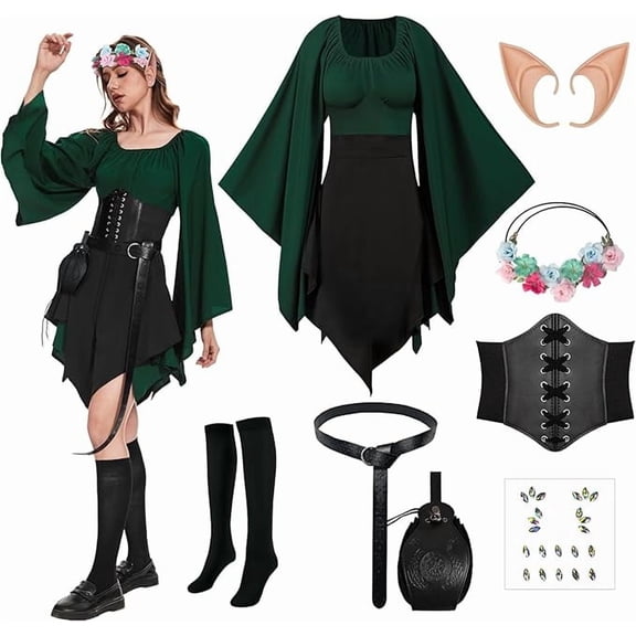 MYATED 8PCS Women Elf Costume Renaissance Traditional Irish Dress,Medieval Dress,Fairy Costume Suitable for Halloween Cosplay (Green and Black,XL)