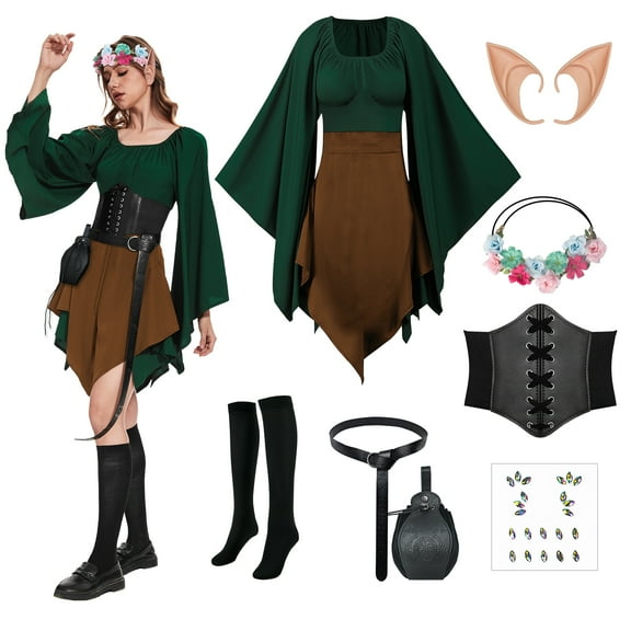 MYATED 8PCS Women Elf Costume Renaissance Traditional Irish Dress,Medieval Dress,Fairy Costume Suitable for Halloween Cosplay (Green and Brown,M)