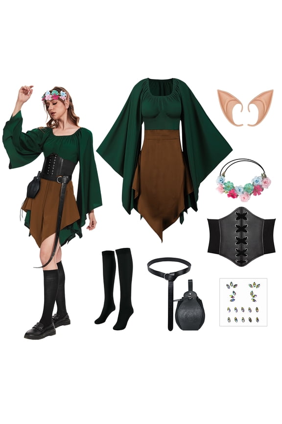 8PCS Women Elf Costume Renaissance Traditional Irish Dress,Medieval Dress,Fairy Costume Suitable for Halloween Cosplay (Green and Brown,M)