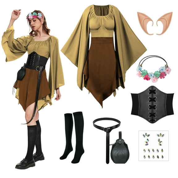 MYATED 8PCS Women Elf Costume Renaissance Traditional Irish Dress,Medieval Dress,Fairy Costume Suitable for Halloween Cosplay (Khaki and Brown,S)