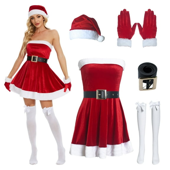 MYATED Christmas Dress for Women 5 Pcs Santa Claus Costume with Belt & Gloves,Sexy Cosplay Outfit for Christmas Party,S