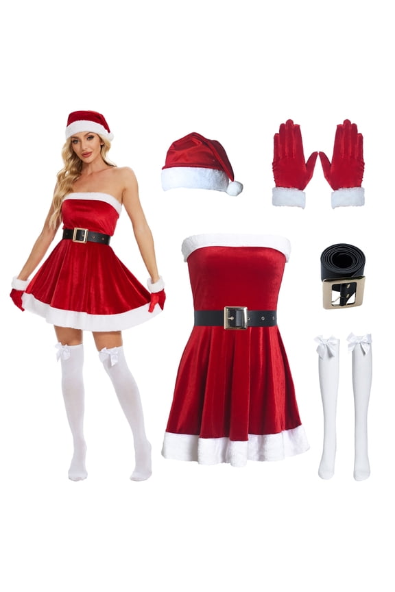 Christmas Dress for Women 5 Pcs Santa Claus Costume with Belt & Gloves,Sexy Cosplay Outfit for Christmas Party,S