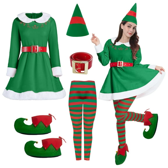 MYATED Christmas costume for women 5 Pcs Women Elf Costume Set Adult Christmas Cosplay Suit Xmas Outfits,M