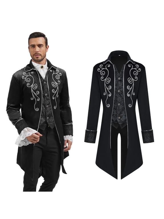 Medieval Steampunk Tailcoat for Men,Gothic Victorian Frock Coat Renaissance Pirate Jackets Halloween Party Cosplay Costumes,Black,XL