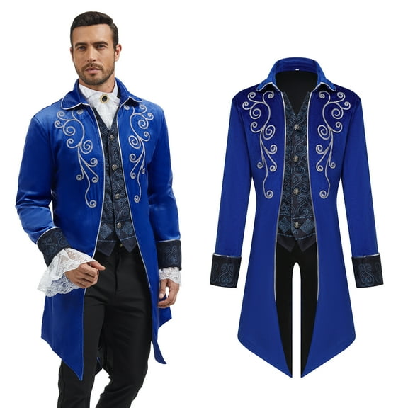 MYATED Medieval Steampunk Tailcoat for Men,Gothic Victorian Frock Coat Renaissance Pirate Jackets Halloween Party Cosplay Costumes,Blue,L