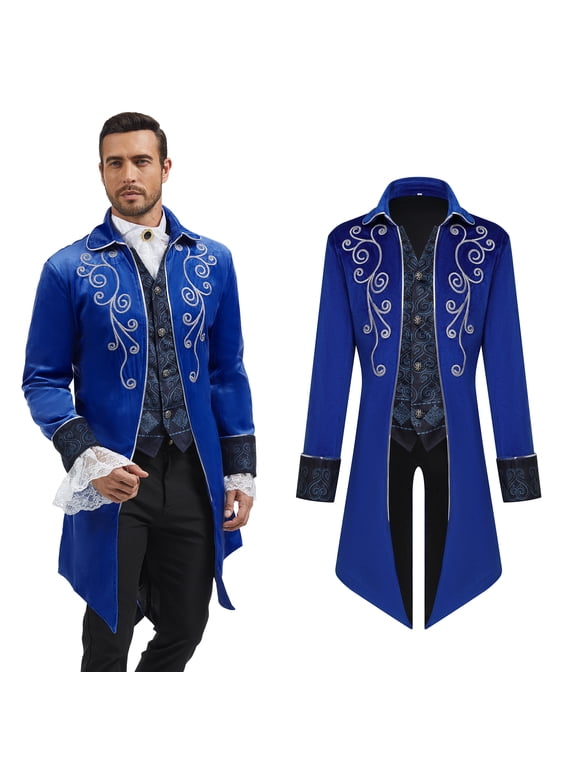 Medieval Steampunk Tailcoat for Men,Gothic Victorian Frock Coat Renaissance Pirate Jackets Halloween Party Cosplay Costumes,Blue,L