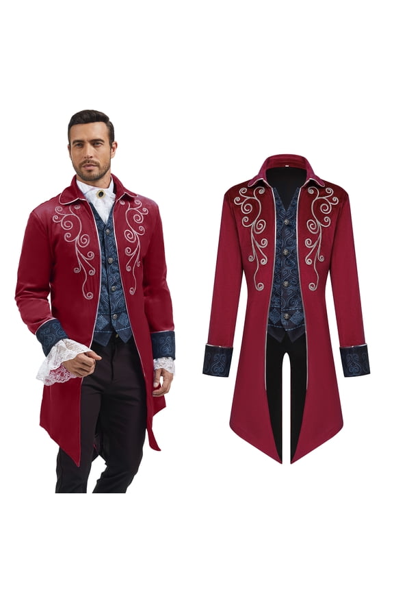 Medieval Steampunk Tailcoat for Men,Gothic Victorian Frock Coat Renaissance Pirate Jackets Halloween Party Cosplay Costumes,Red,XXL