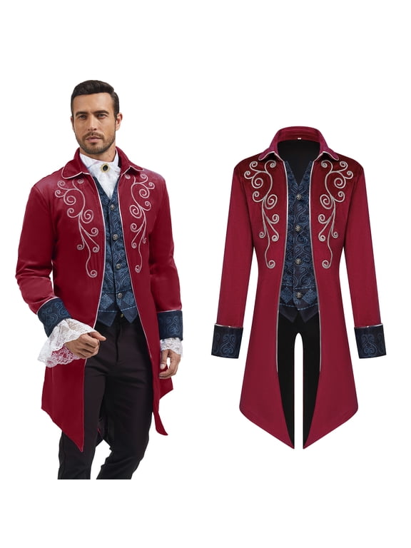Medieval Steampunk Tailcoat for Men,Gothic Victorian Frock Coat Renaissance Pirate Jackets Halloween Party Cosplay Costumes,Red,XXL