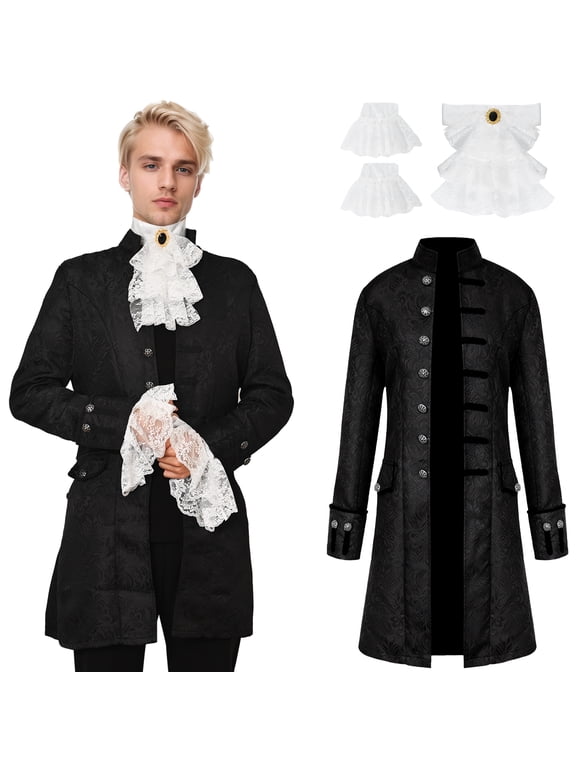 Men Vintage Steampunk Tailcoat Jacket Medieval Victorian Frock Coat for Halloween Cosplay (Black,L)