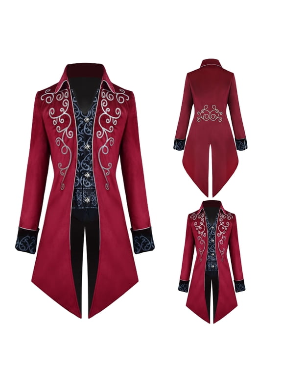 Men's Medieval Steampunk Jacket Tailcoat Renaissance Victorian Gothic Coat Halloween Cosplay Gentleman Costume (Red,L)
