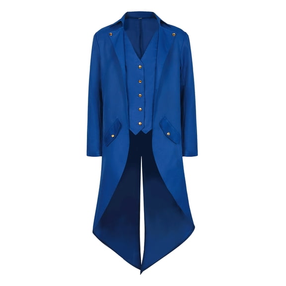 MYATED Men's Steampunk Vintage Tailcoat Jacket Gothic Medieval Victorian Frock Coat Uniform Halloween Costume Renaissance High Collar Uniform,Blue,L