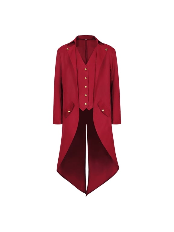 Men's Steampunk Vintage Tailcoat Jacket Gothic Medieval Victorian Frock Coat Uniform Halloween Costume Renaissance High Collar Uniform,Red,S
