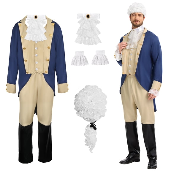 MYATED Mens Founding Father Costume,Adult Colonial Costume,Colonial Patriot Uniform with Wig (Blue,XXL)