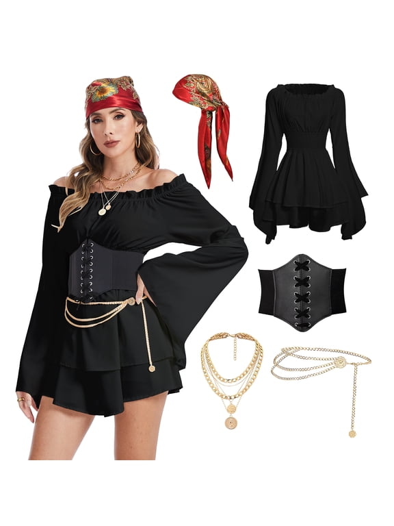 Pirate Costume Women Medieval Viking Pirate Dress with Corset Necklace Bandana Headscarf Accessories for Halloween Cosplay (Black,M)