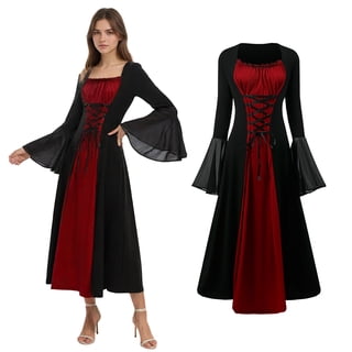 MYATED Renaissance Costume for Women, Medieval Dress with Trumpet Sleeves,Gothic Dress Ladies for Halloween (Red,M)