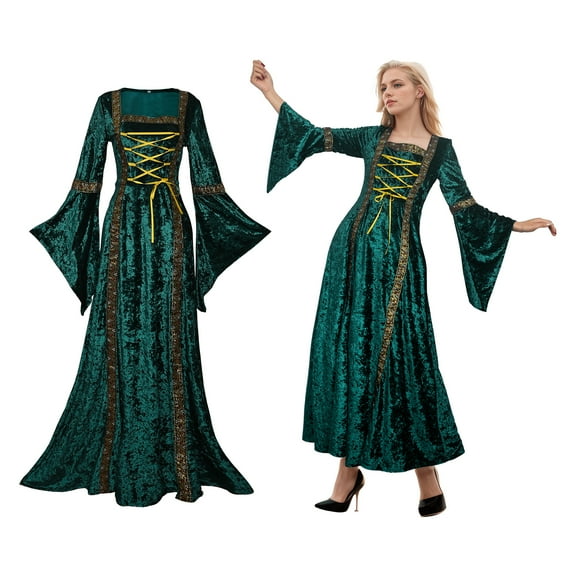 MYATED Renaissance Dress Women Medieval Dress Velvet Irish Dress Victorian Vintage Costume for Halloween Cosplay Party,Green,S
