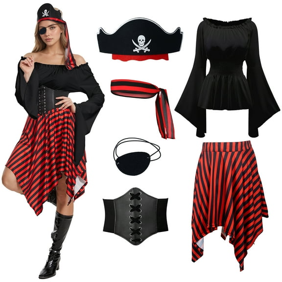 MYATED Women Pirate Costume Renaissance Shirt Medieval Dress with Waist Belt Eye Patch Halloween Pirate Queen Outfit,Black,M