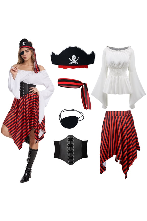 Women Pirate Costume Renaissance Shirt Medieval Dress with Waist Belt Eye Patch Halloween Pirate Queen Outfit,White,2XL