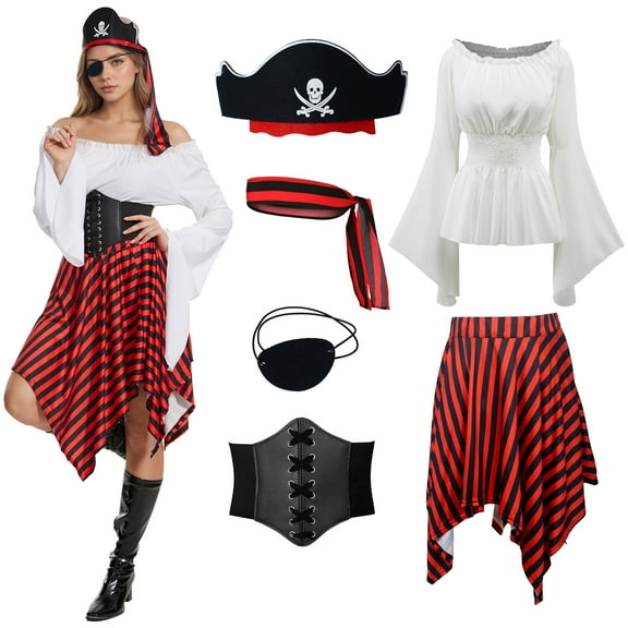MYATED Women Pirate Costume Renaissance Shirt Medieval Dress with Waist Belt Eye Patch Halloween Pirate Queen Outfit,White,XS