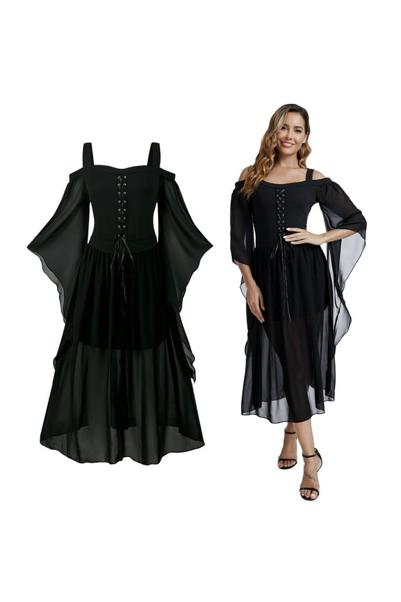 Women's Medieval Dress with Trumpet Sleeves,Renaissance Vintage Dress,Traditional Irish Dress,Gothic Costume Dress for Halloween Cosplay,Carnival Party,Black,S