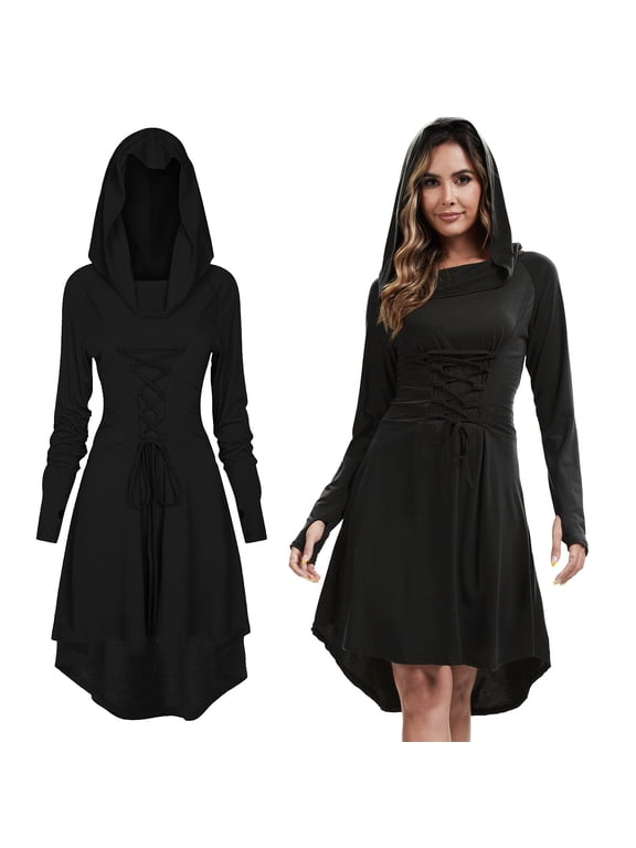 Womens Renaissance Costumes Halloween Costume for Womens Vintage Hooded Costume Medieval Dress High Low Pullover Dress,Black,3XL